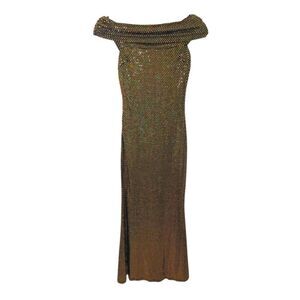 New Selfie Leslie Kailey Off-Shoulder Maxi Dress Mermaid Bodycon Glam Gold  XS